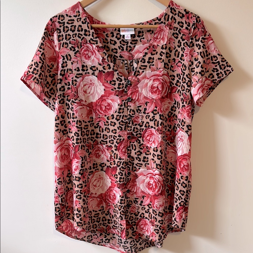 LuLaRoe Pink Brown Buttoned Blouse with Notched Collar